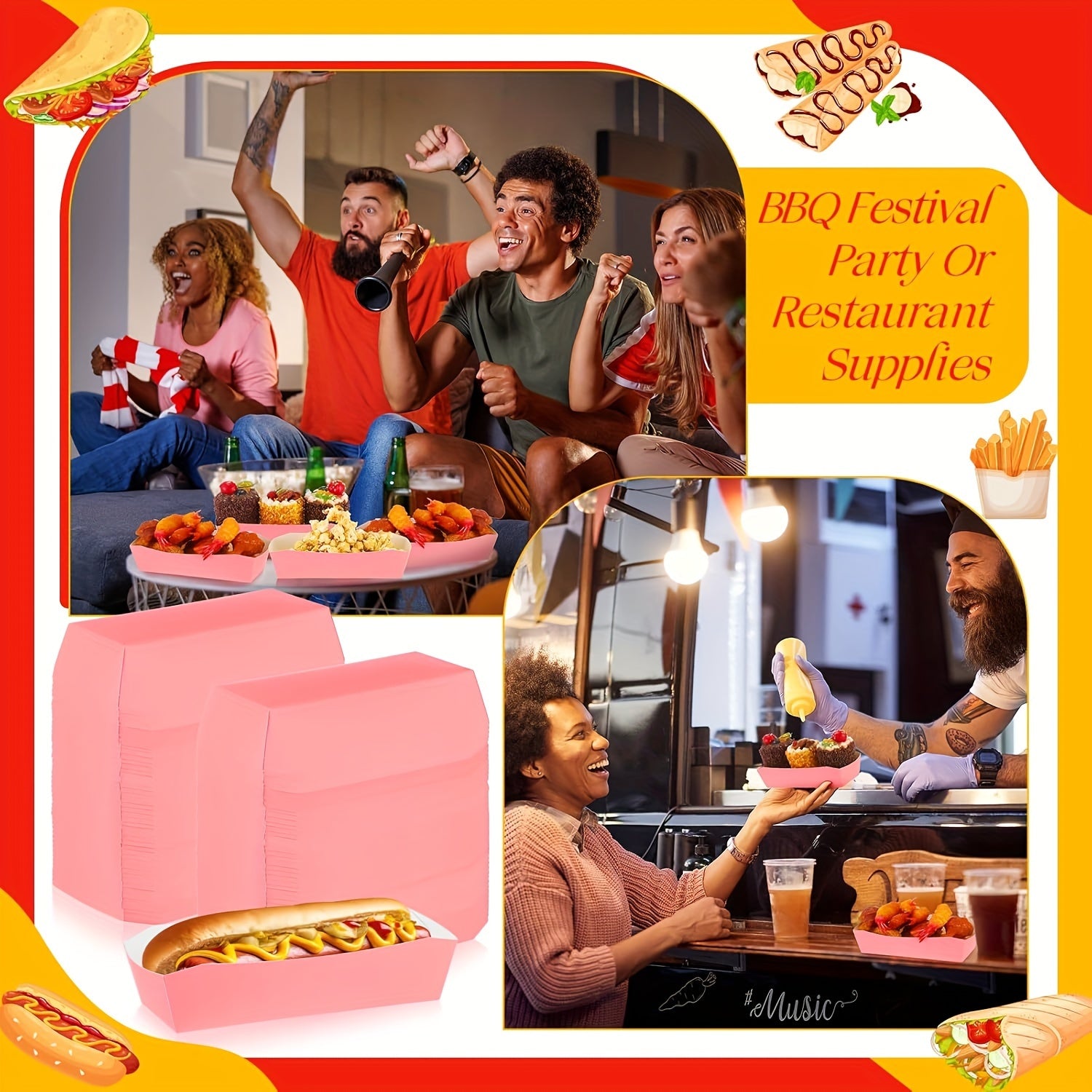 Pink Disposable Hot Dog Trays and Paper Plates Waterproof Oil Resistant for Parties Picnics and Celebrations