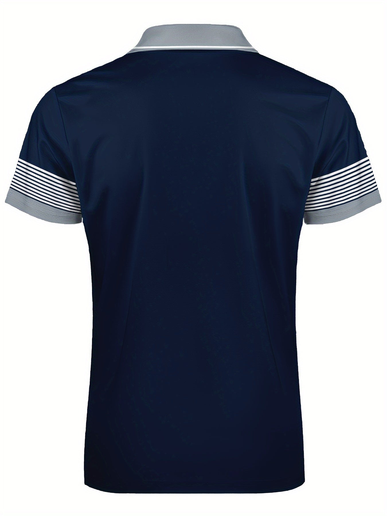 Erkaklar uchun plussiz golf ko'ylagi, tasodifiy chiziqli dizayn, qisqa yenglar, yoqa va nafas oladigan polyester aralashmasi. Mashinada yuvish mumkin, ko'k va kulrang parchalar dizayni.