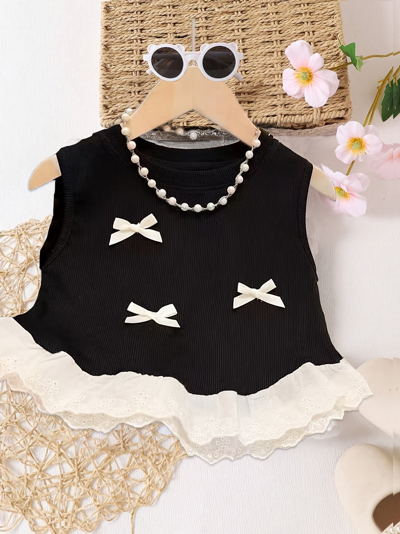 Girls' Summer Knit Top with Lace Trim Bow Ruffle Hem Sleeveless Solid Color