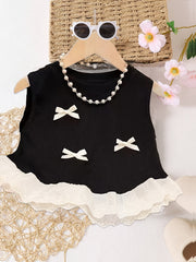 Girls' Summer Knit Top with Lace Trim Bow Ruffle Hem Sleeveless Solid Color