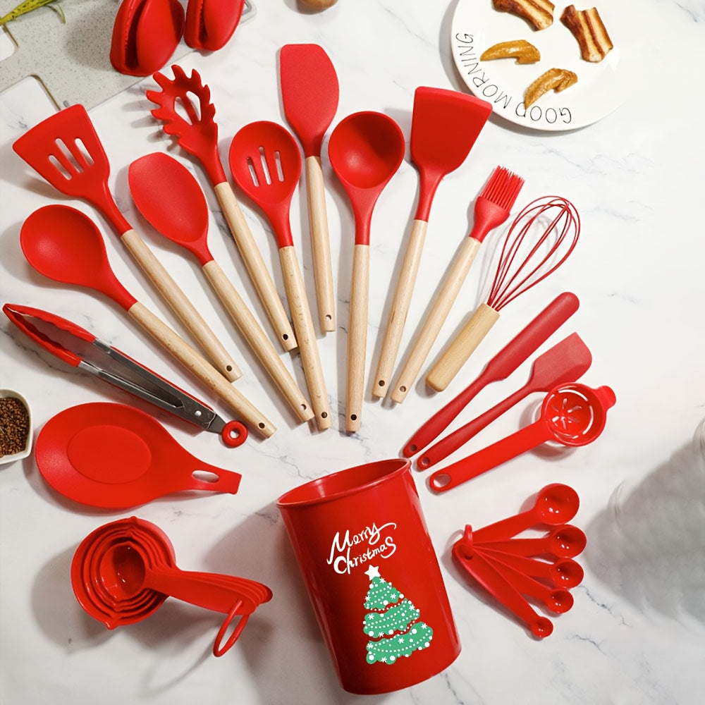 28-Piece Heat-Resistant Nonstick Kitchen Tools Set with Wooden Handles and Xmas Tree Storage Container