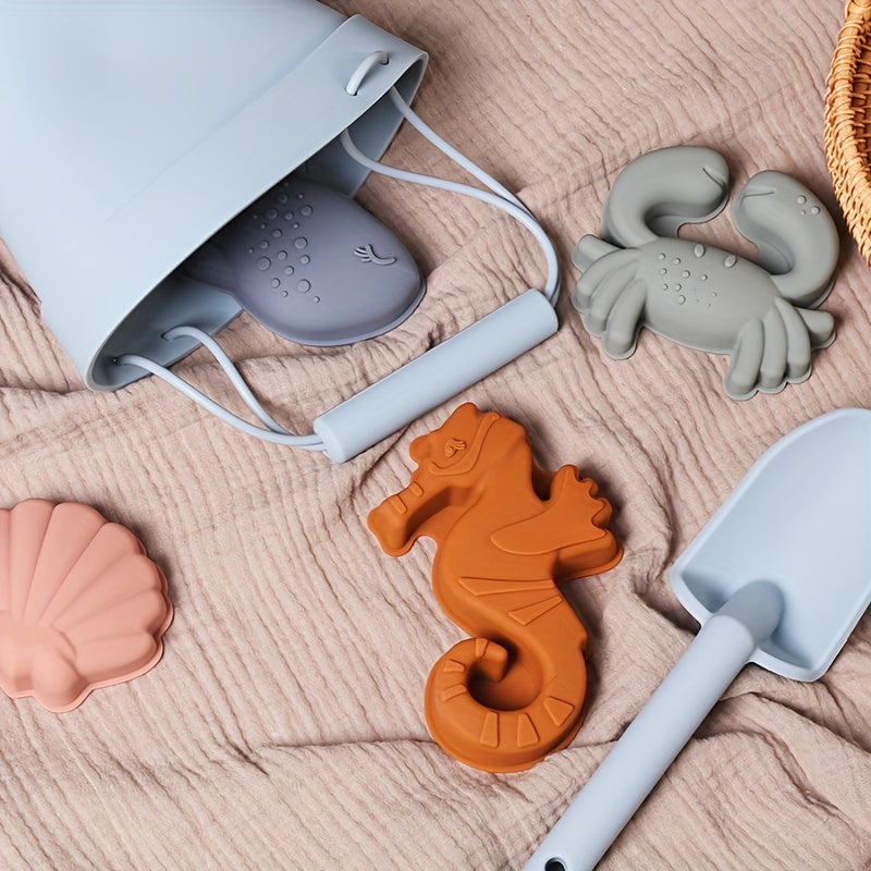 Bath Toy Set for Kids Silicone Beach Playset with Water Bucket Shovel and Sand Mold