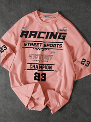 Camiseta casual de poliéster para hombre de cuello redondo con estampados de números y letras