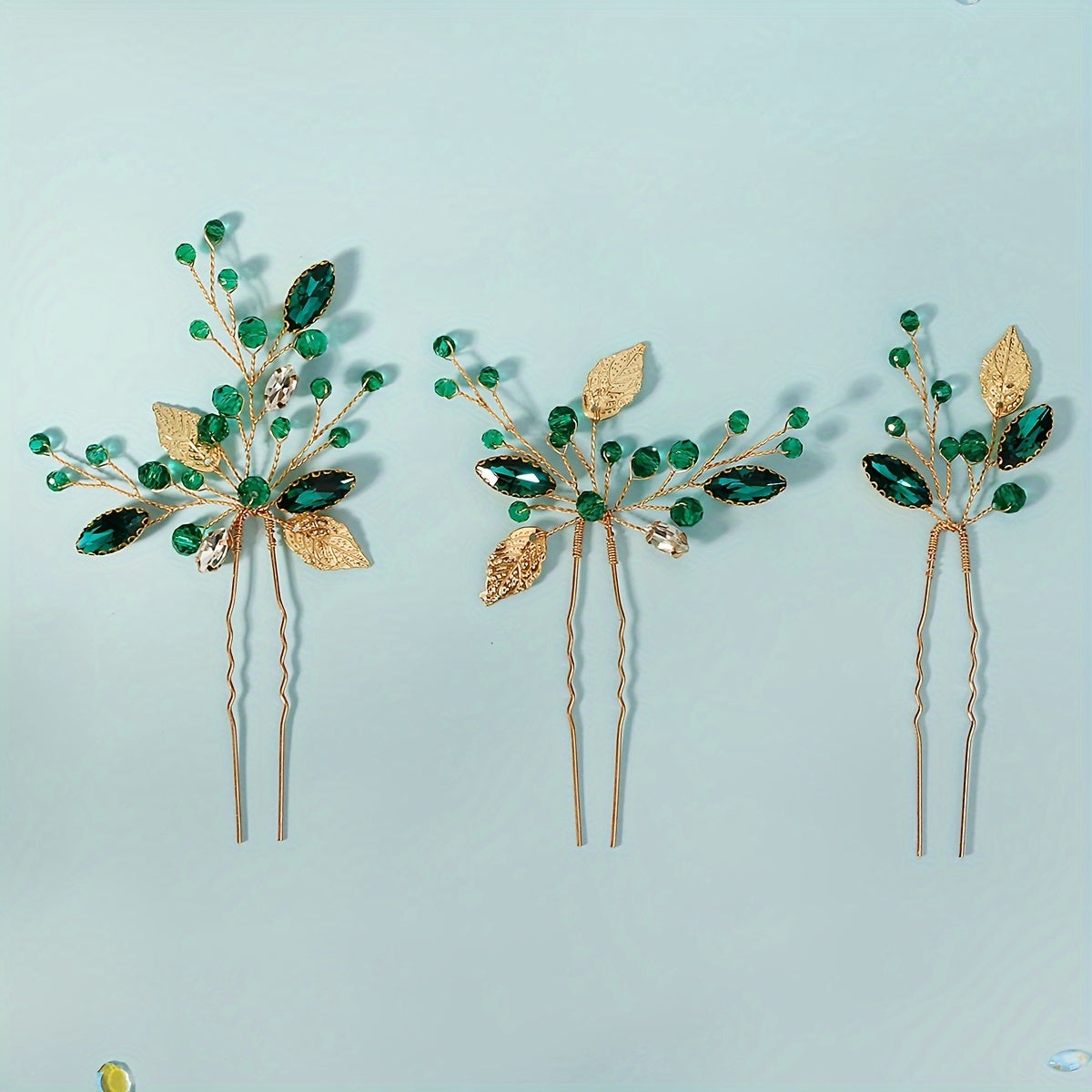 Set of 3 Green Leaf Rhinestone Hairpins for Bridal Hair Accessories Hanfu Style