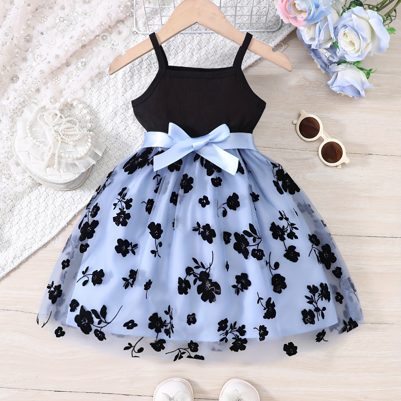 Girls Summer Splicing Flower Graphic Cami Tutu Dress for Kids