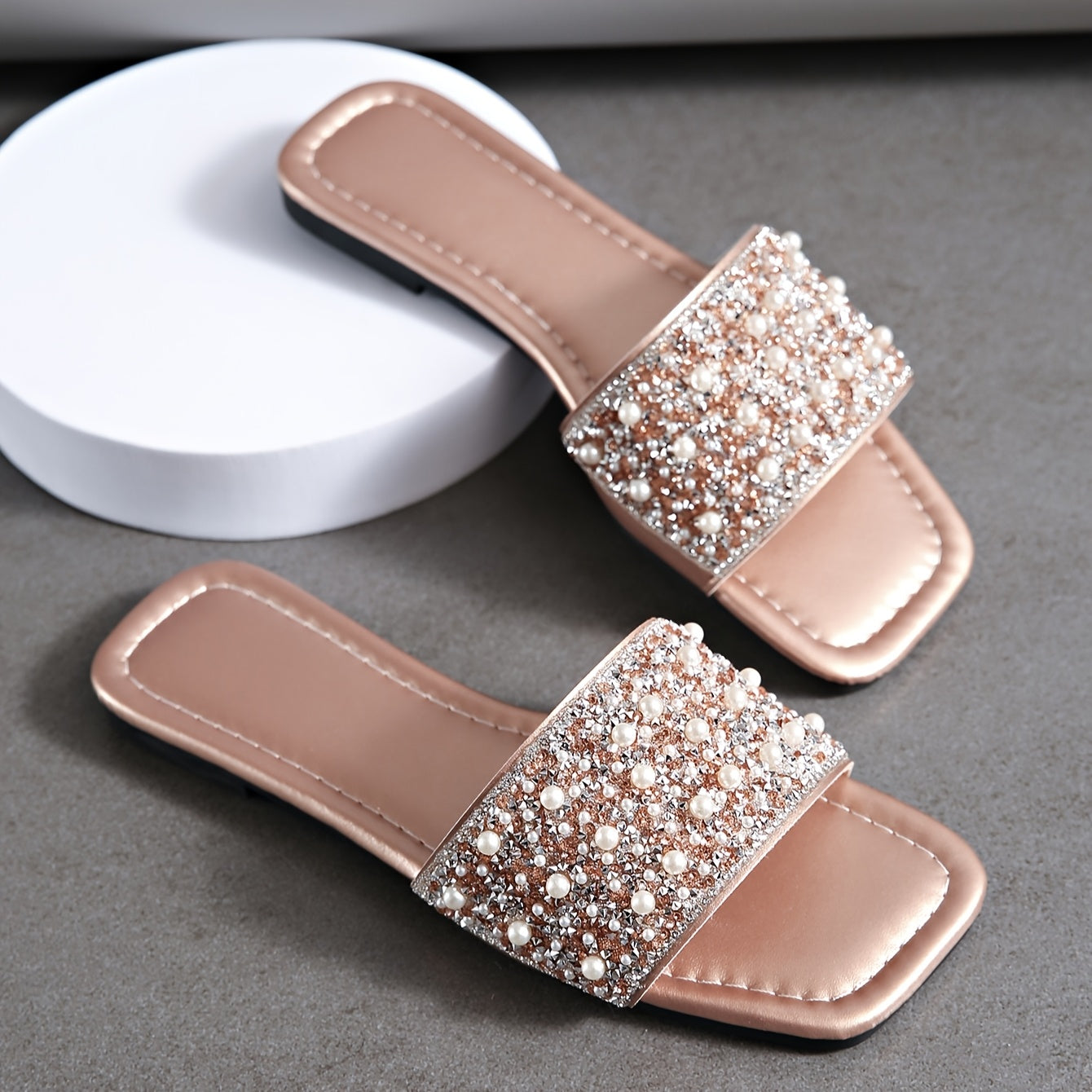 Women Glitter Embellished Summer Comfortable Slippers Rose Gold