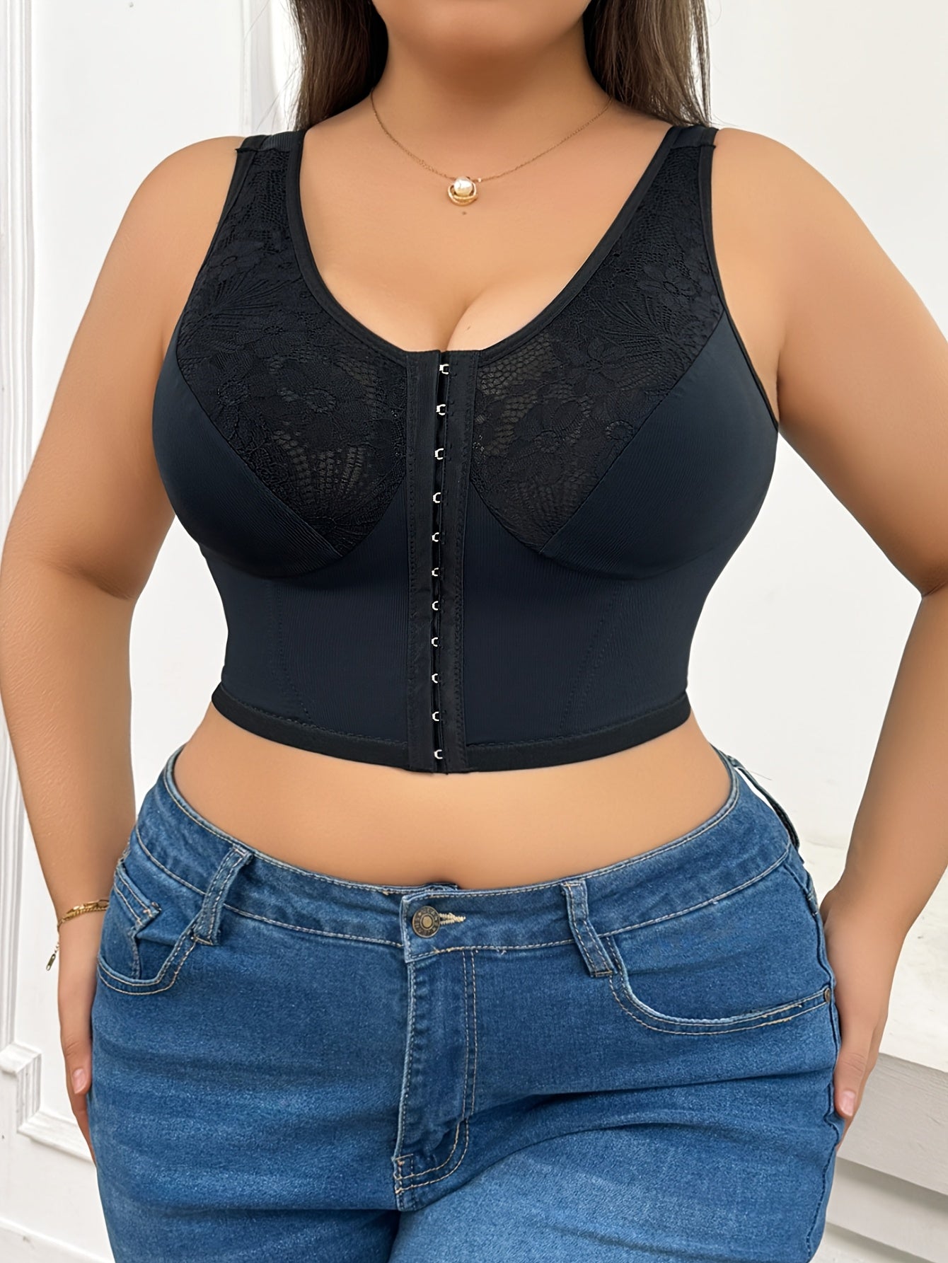 Plus Size Lace Trim Floral Print Front Closure Shaping Bra with Adjustable Straps