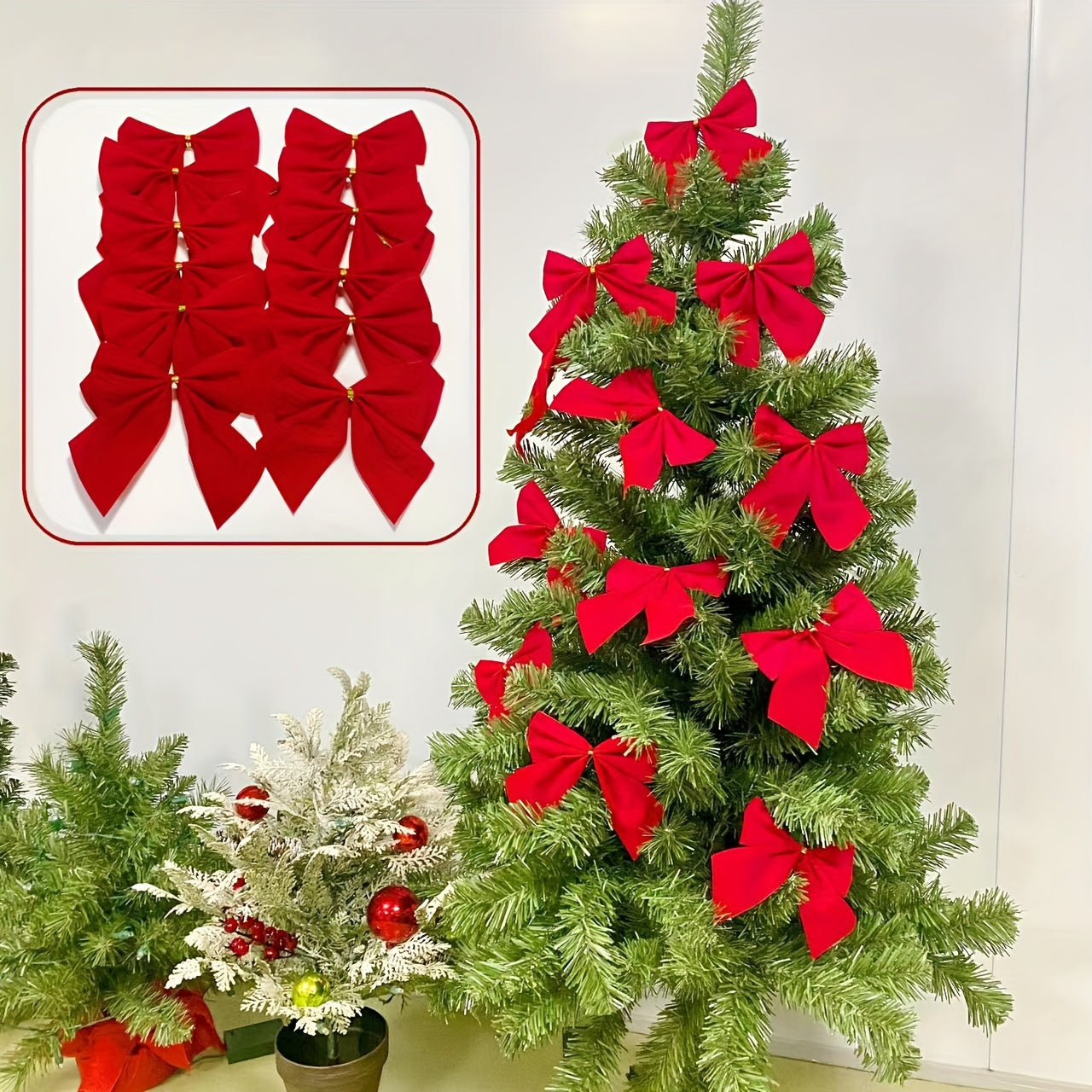12-Pack Red Christmas Tree Bows Festive Plastic Fabric Holiday Decor