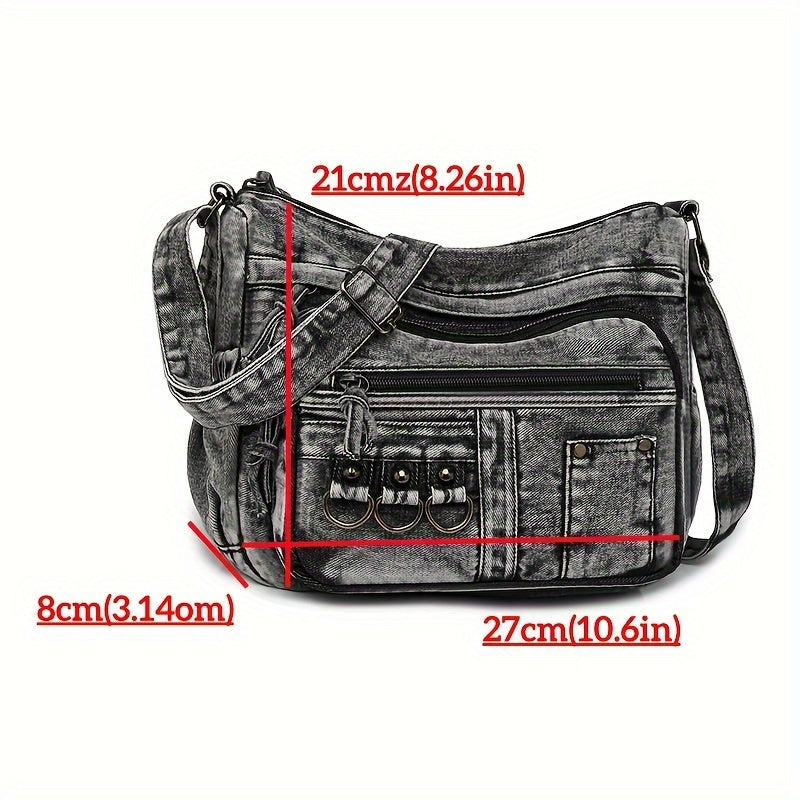 Ayollar uchun vintage yuvilgan denim yelka sumkasi, fermuari bilan yopiladi, Guangzhou shahrida ishlab chiqarilgan kovboy uslubidagi kesim sumka.