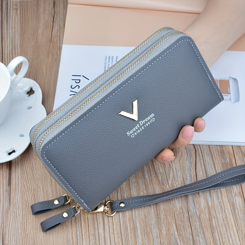 Women's Synthetic Leather Wallet with Dual Zipper Closure and Multiple Card Slots in Grey Pink Purple Burgundy Black