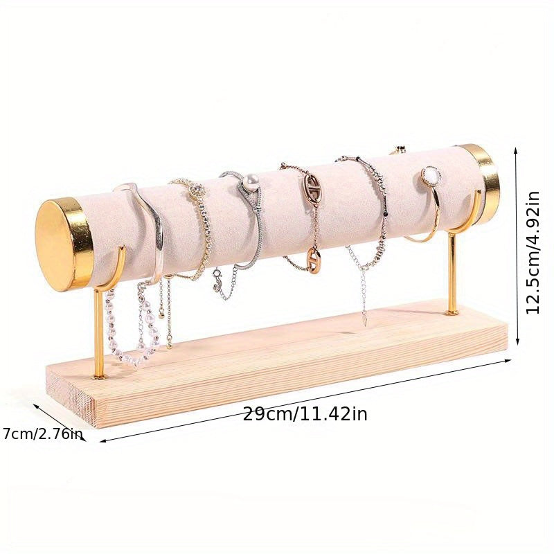 Стильная трехъярусная подставка для украшений в золотистом оттенке с деревянной основой для часов и аксессуаров