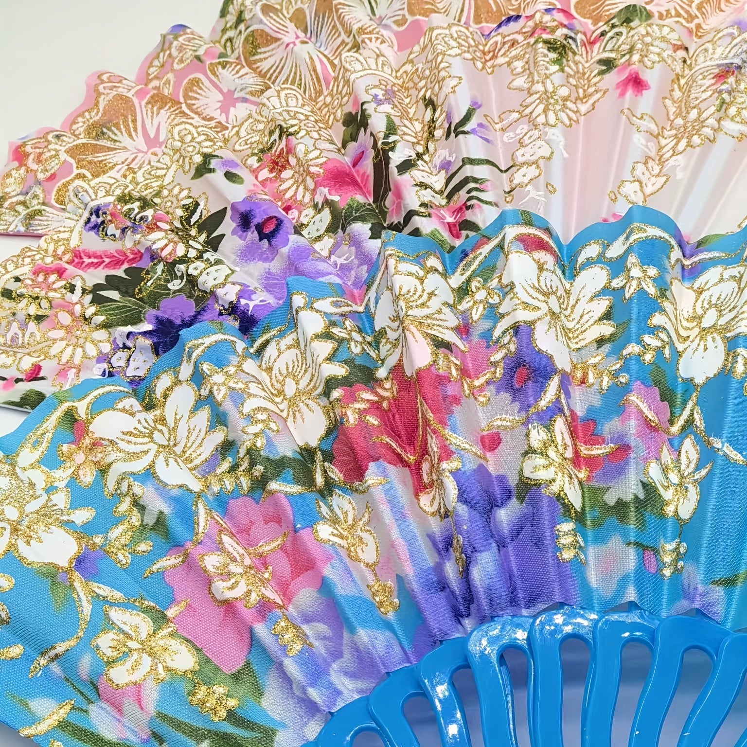 Set of 12 Floral Folding Fans Linen Fabric with Gold Glitter Patterns