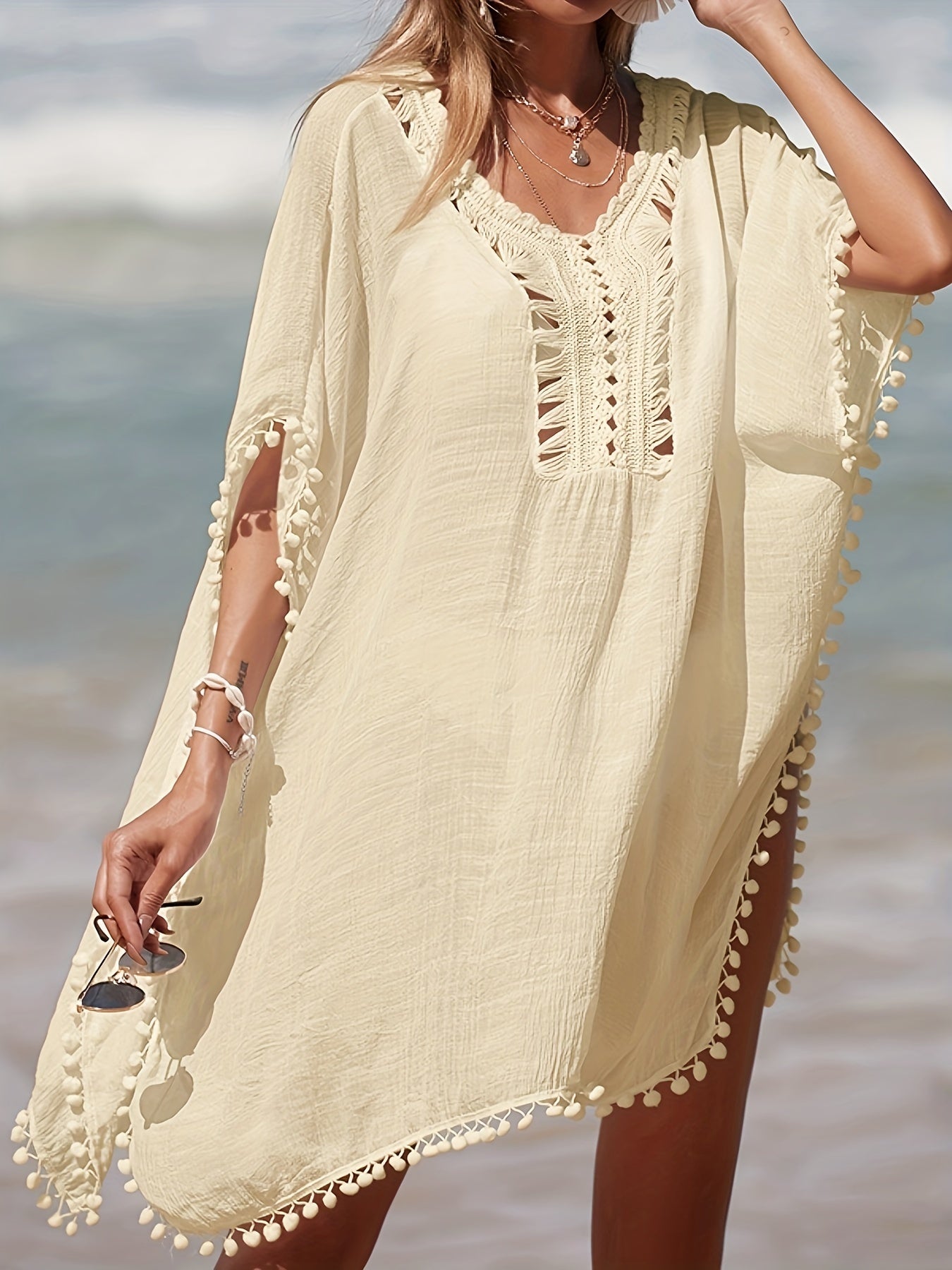 Bohemian Crochet Cover Up for Women with Batwing Sleeves and Side Split Beach Sun Protection