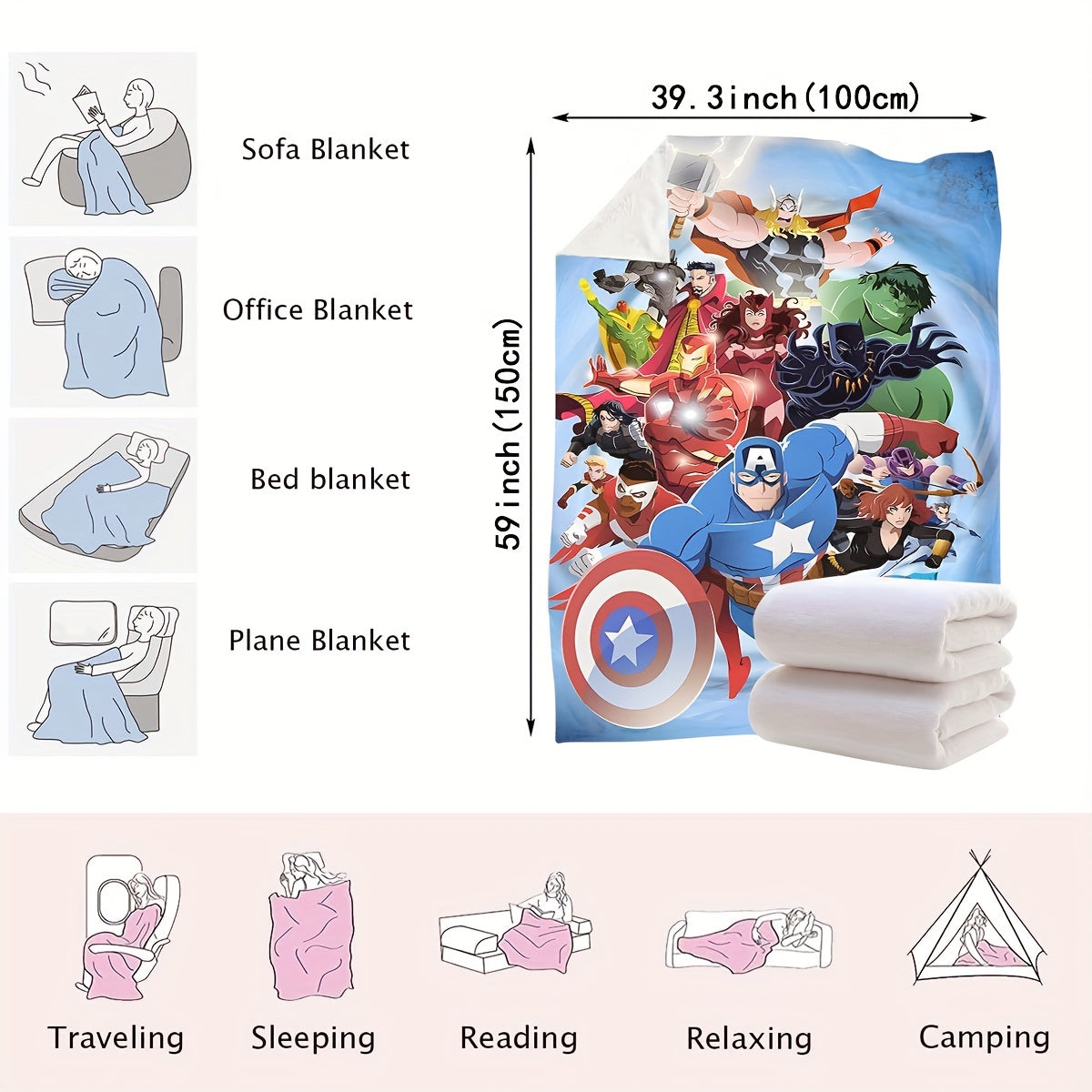 Superhero Throw Blanket for Kids and Adults Soft Cozy Lightweight Multicolor