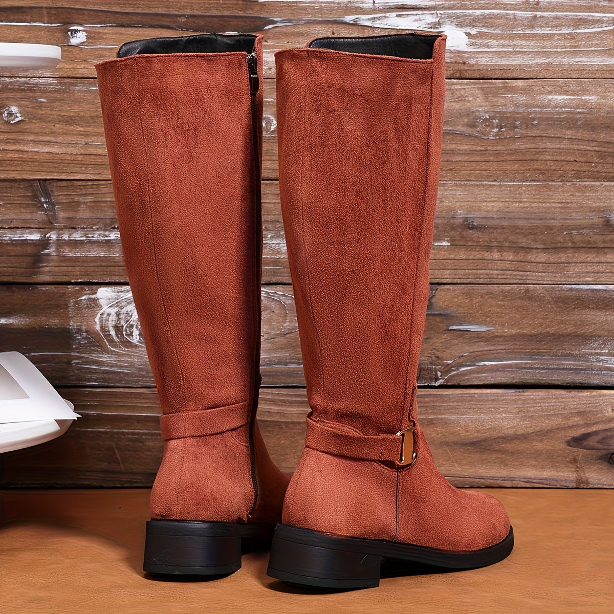 Women's Faux Leather Mid-Calf Boots with Gold Buckle Side Zipper