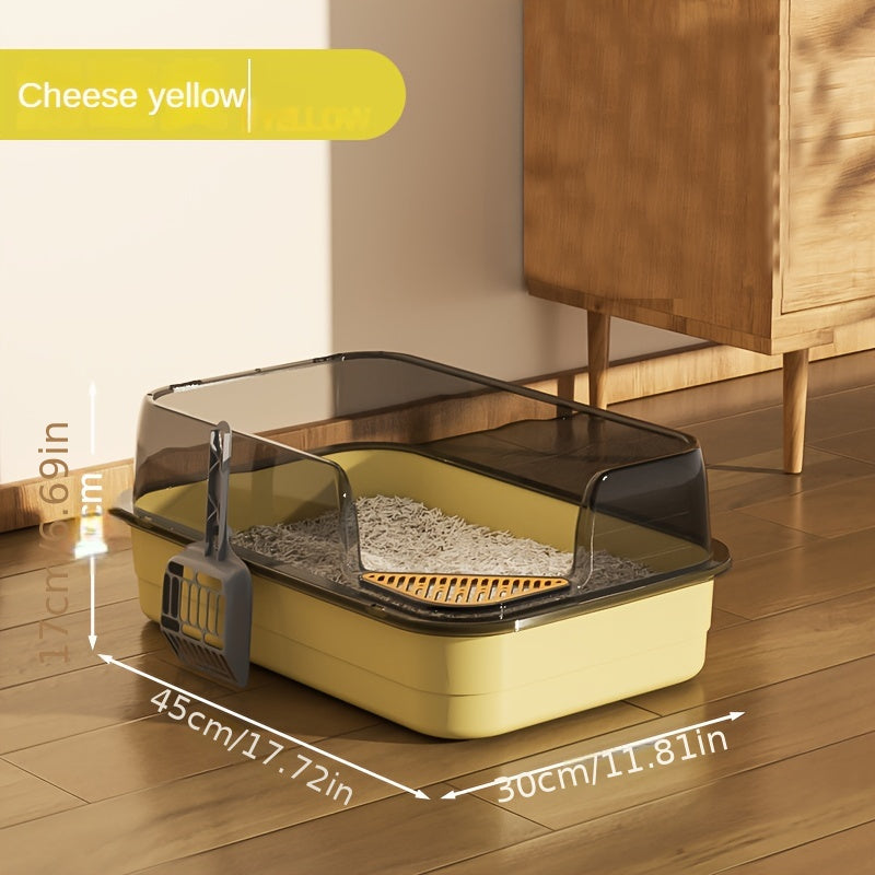 Экстра большой полузакрытый туалет для кошек с высоким бортиком, водоотталкивающим дизайном и объемом 12,1 л. Изготовлен из прочного пластика/полипропилена для легкой очистки, подходит для нескольких кошек.