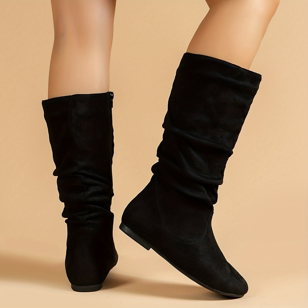 Women's Leather Pleated Long Boots with Side Zipper and Flat Sole