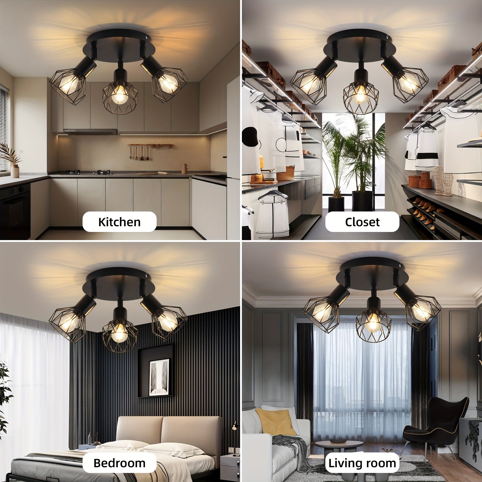 Black Round LED Ceiling Spotlight with 3 Swiveling Bulbs for Living Rooms and Hallways