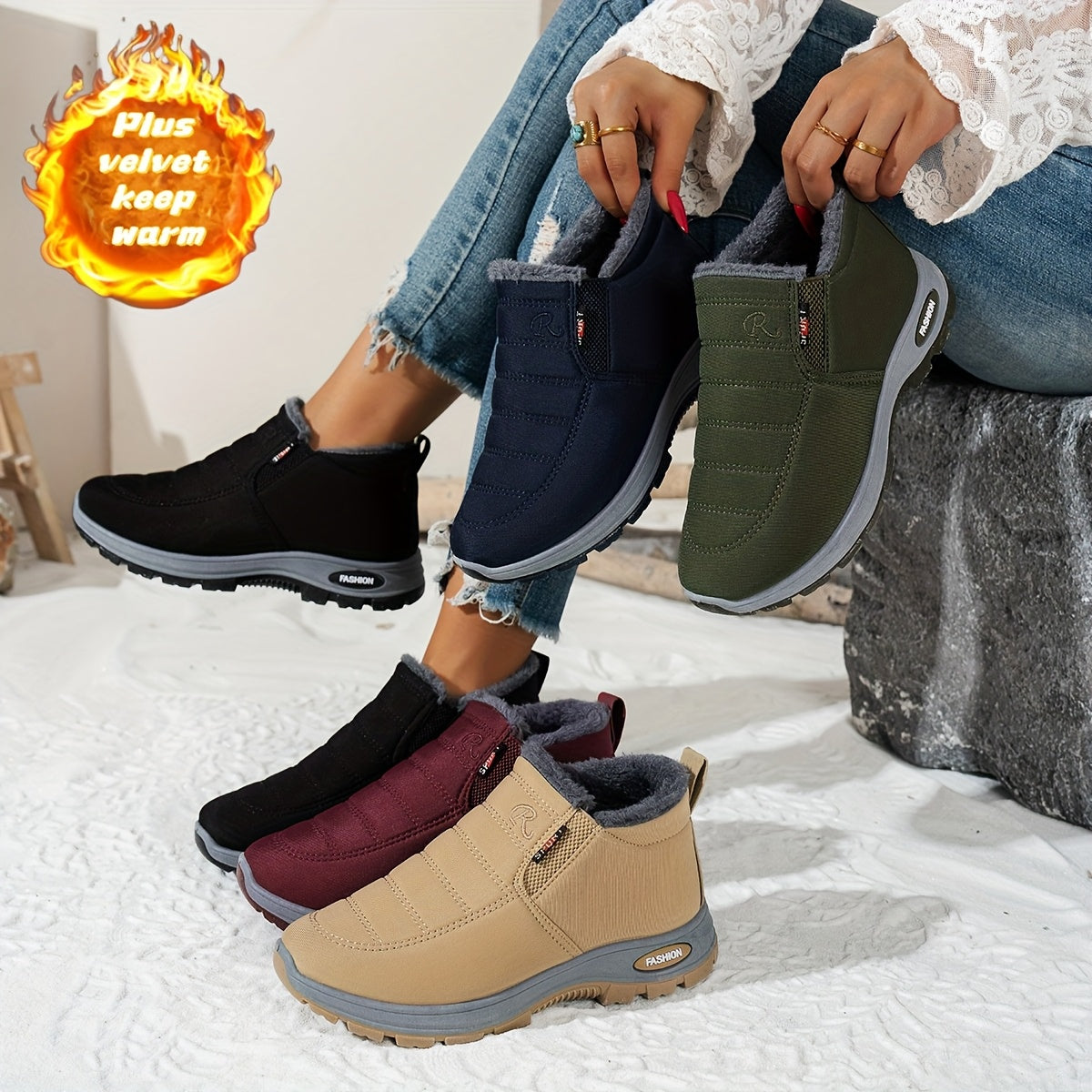 Women's Fleece-Lined Short Boots Black Red Winter Outdoor Shoes