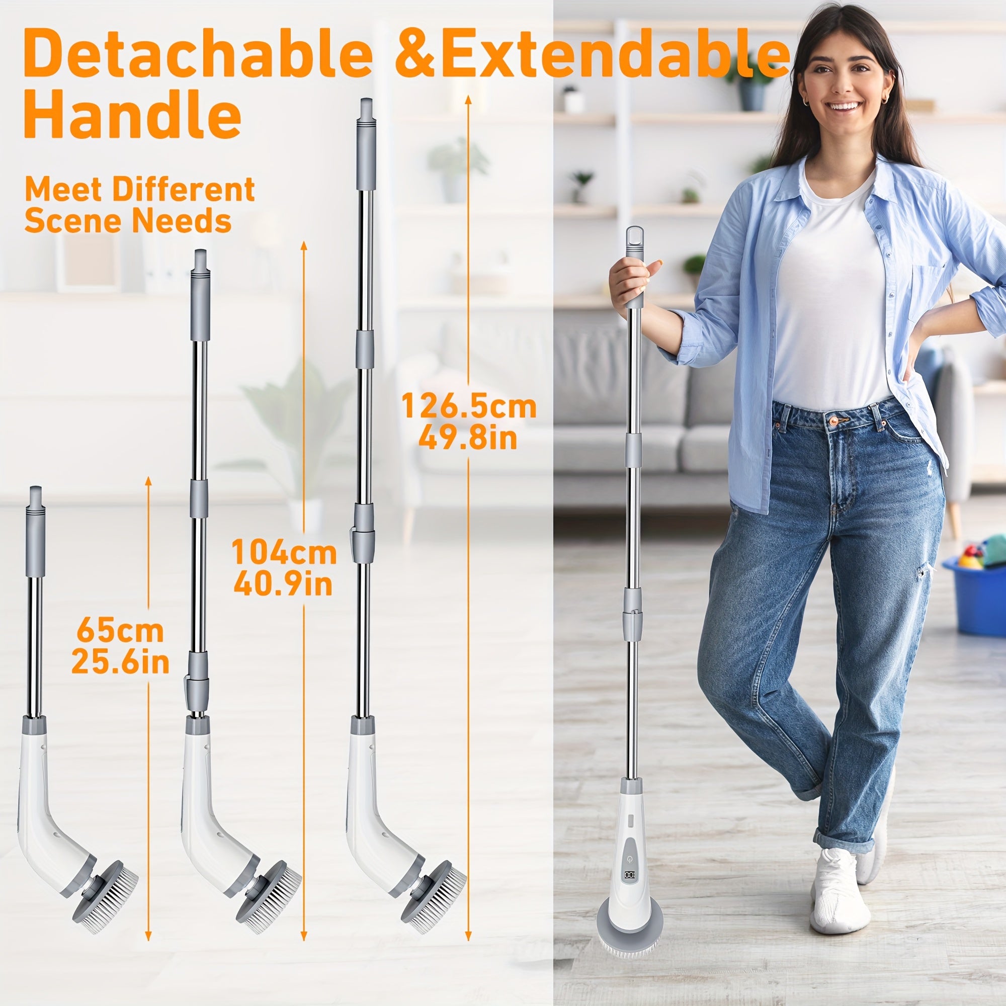 Cepillo eléctrico giratorio inalámbrico con velocidades ajustables y mango desmontable para limpieza de baño y pisos