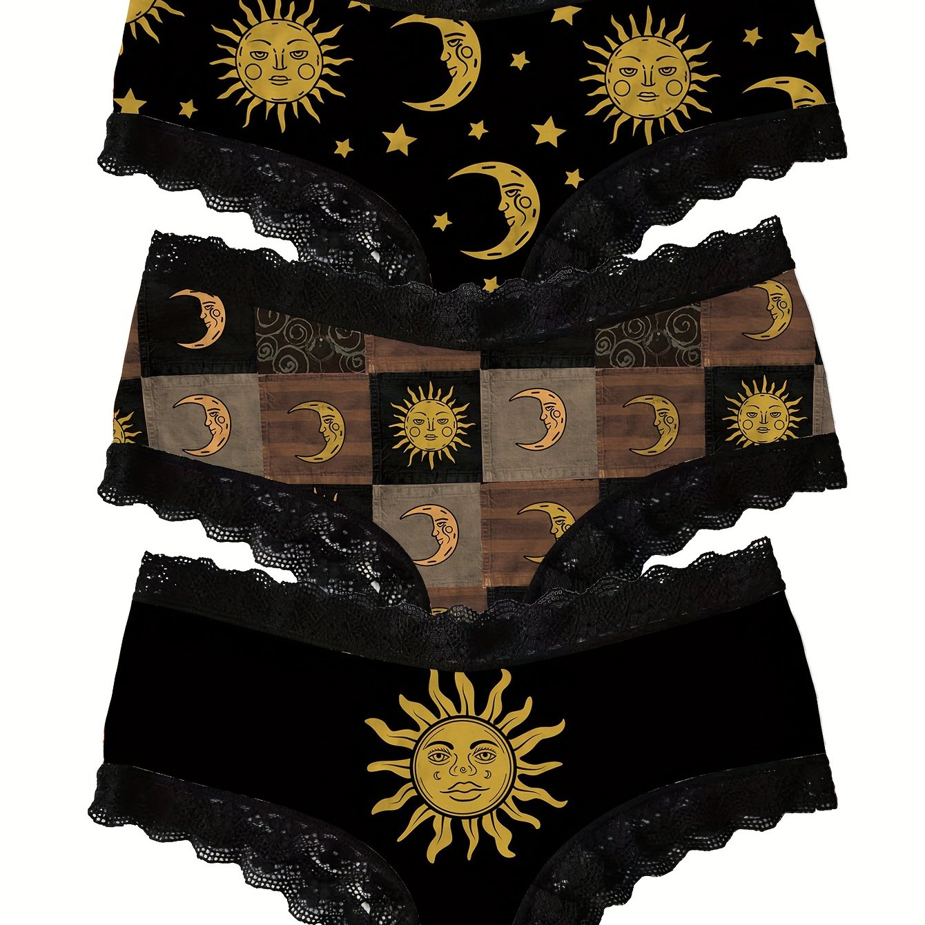Women's Briefs Set of 3 Moon and Sun Print Lace Trim Breathable Stretchy Underwear