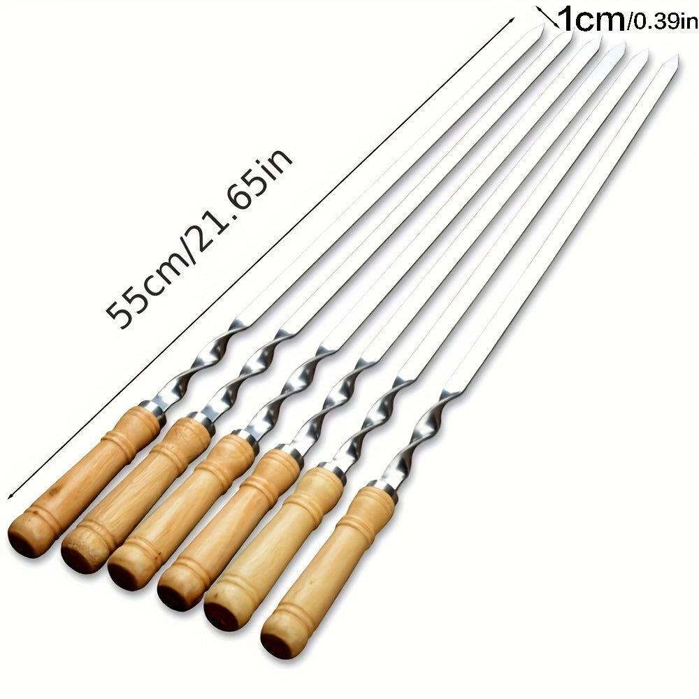 6pcs 55cm Stainless Steel and Wood BBQ Skewers with Long Handles for Outdoor Grilling
