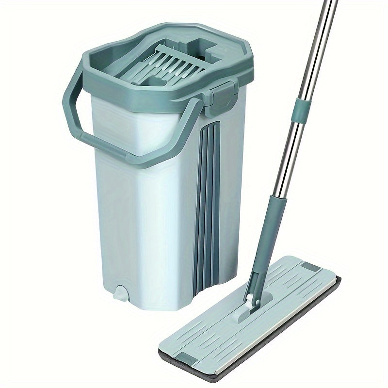Stainless Steel Flat Mop Set with Bucket, Hands-Free Wringer, Microfiber Pads