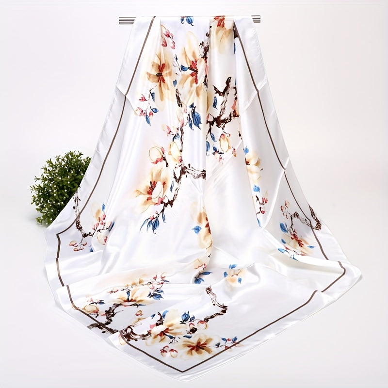 Navy Blue Floral Satin Square Scarf with Pink Flower Design and Elegant Border