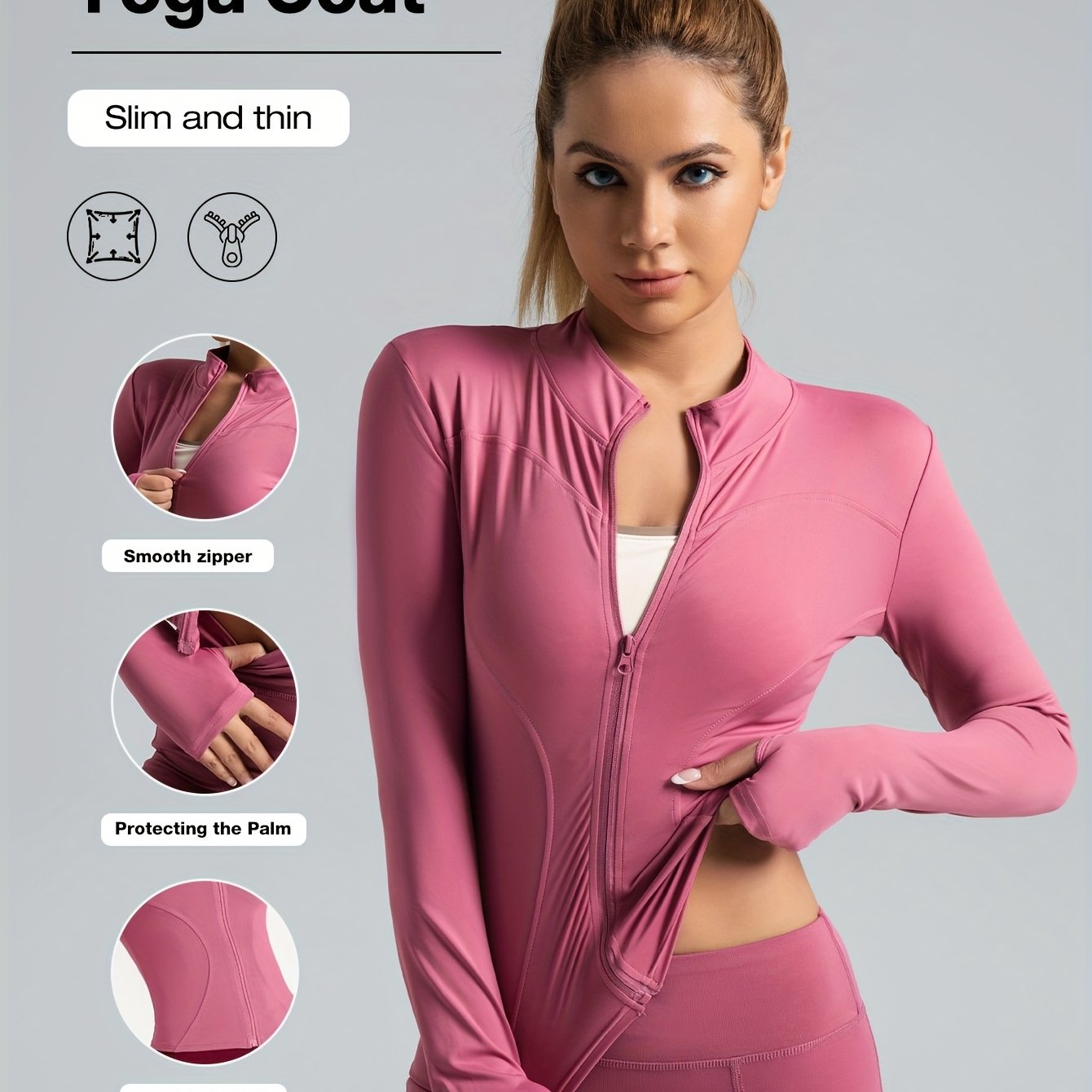 Women's Polyester Elastane Midi Yoga Jacket Full Zip Slim Fit All Seasons Activewear