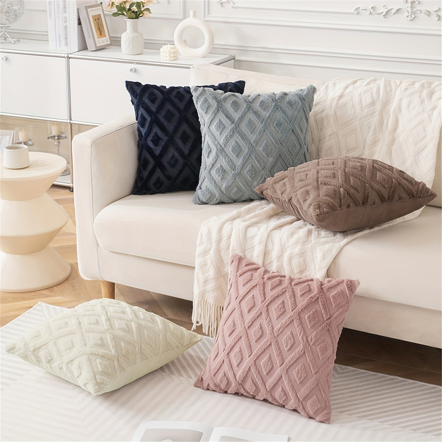 Beige Faux Wool Throw Pillow Covers 18x18 Inches for Couch Sofa Decor