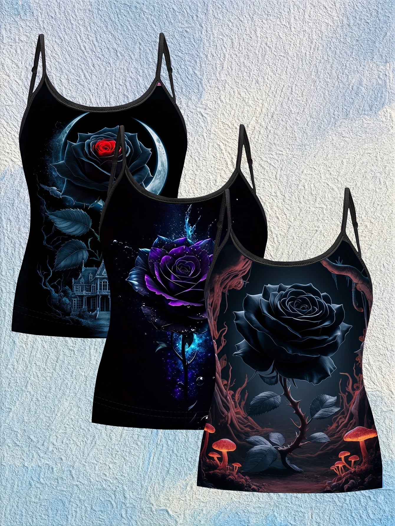 Женский комплект топов без рукавов с цветочным принтом, черные розы, грибы, весна-лето-осень