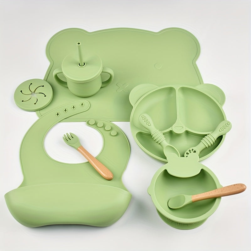 Silicone Baby Feeding Set 10 Pieces for Ages 0-3 Non-Slip Plate Bowl Bib Straw Cup Spoon Fork