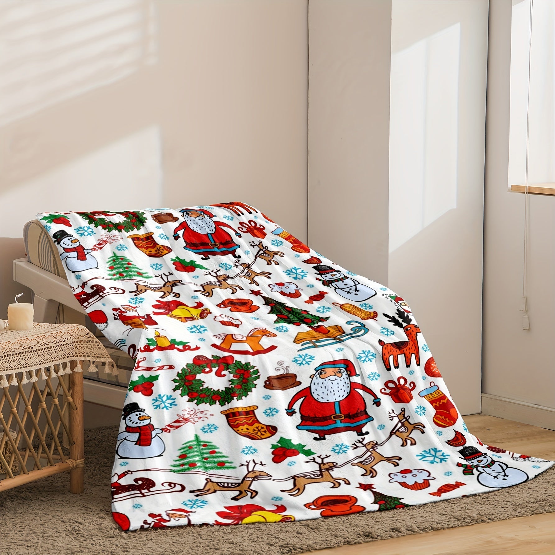 Reversible Flannel Fleece Christmas Cartoon Blanket for Sofa and Bed