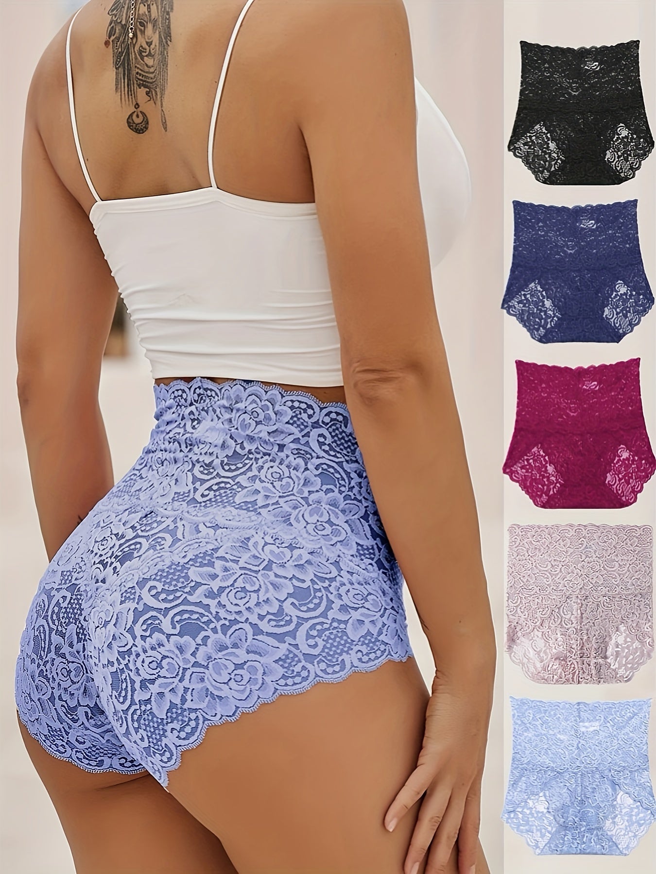 Women's High Waist Floral Lace Briefs Set of 5 Breathable Seamless Panties for Women