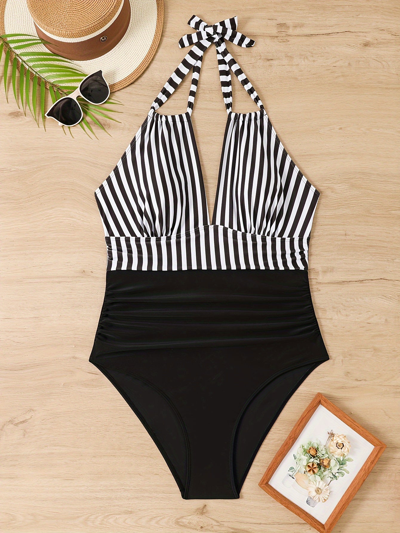 Plus Size Striped Halter Neck One-Piece Swimsuit Medium Stretch Beachwear