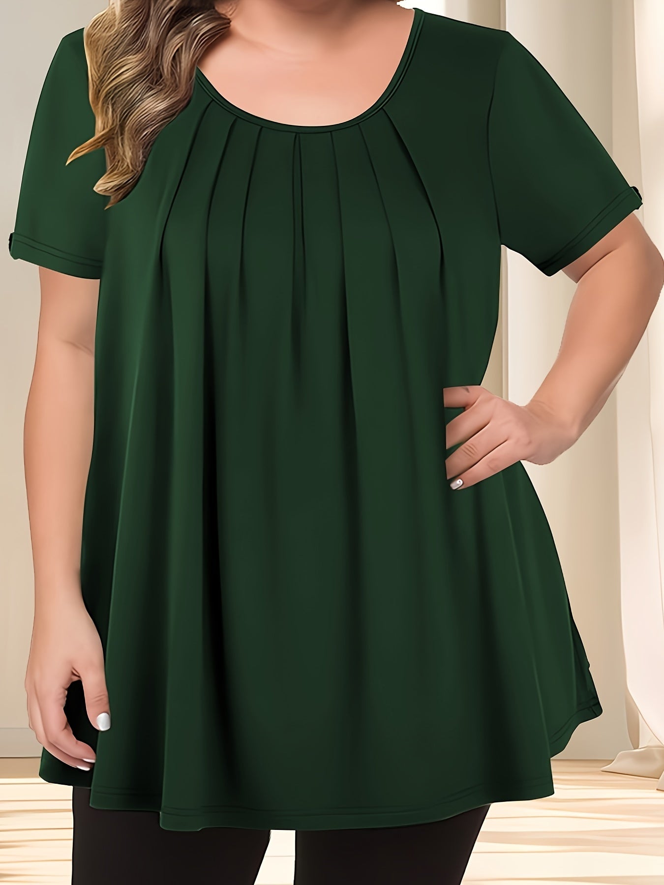 Plus Size Pleated Button Detail T-Shirt for Women Summer Casual Solid Color Crew Neck
