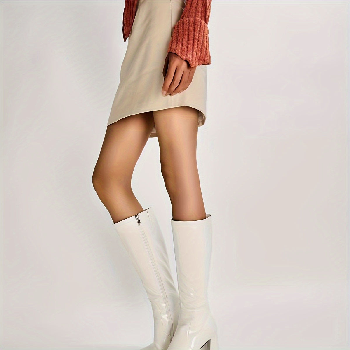 Women’s Patent Mirror High Knee High Boots With Zipper Square Toe Block Heel