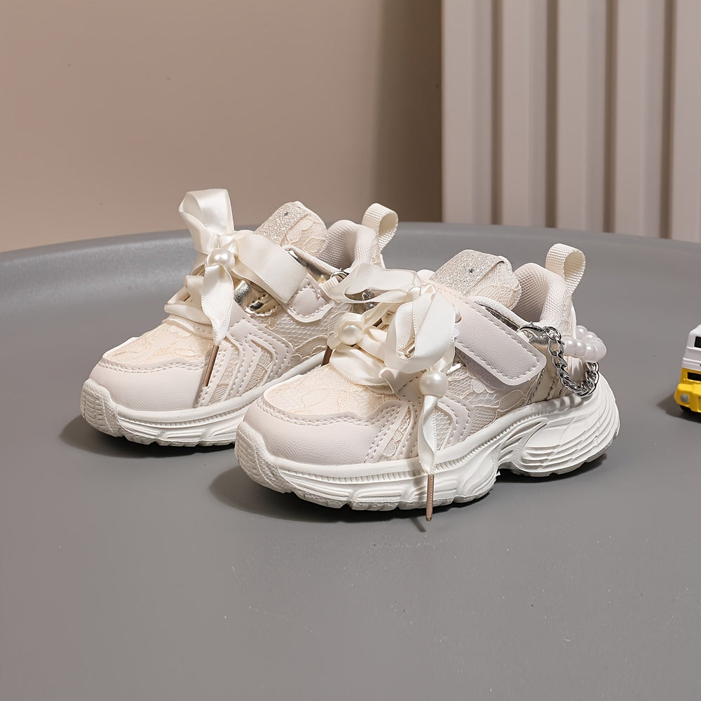 Girls Casual Pearl Chain Low Top Sneakers for Spring and Fall Non-Slip Sport Shoes