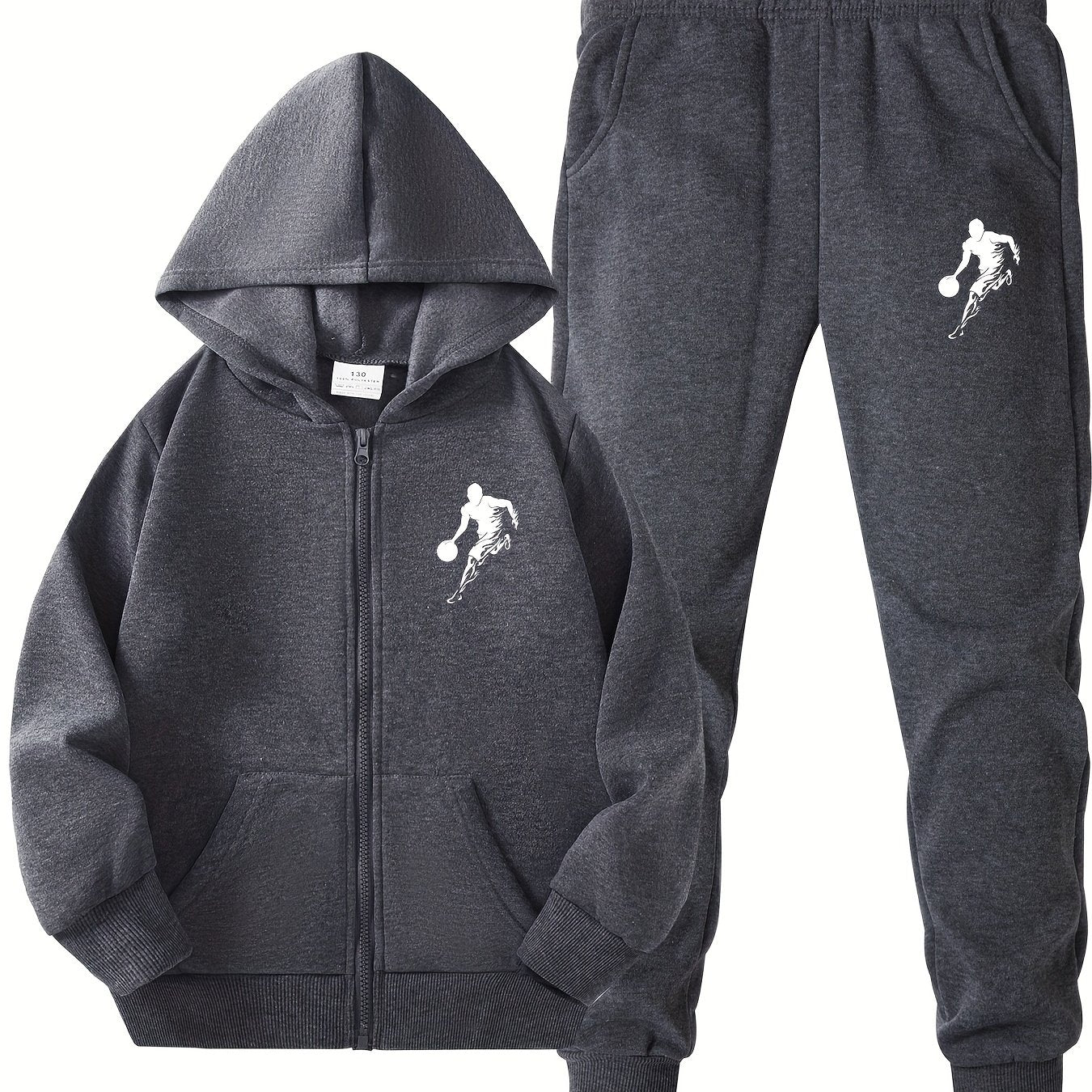 Boys' Black Basketball Print Hoodie and Jogger Set Polyester Zip Pockets Casual Sports Outdoor
