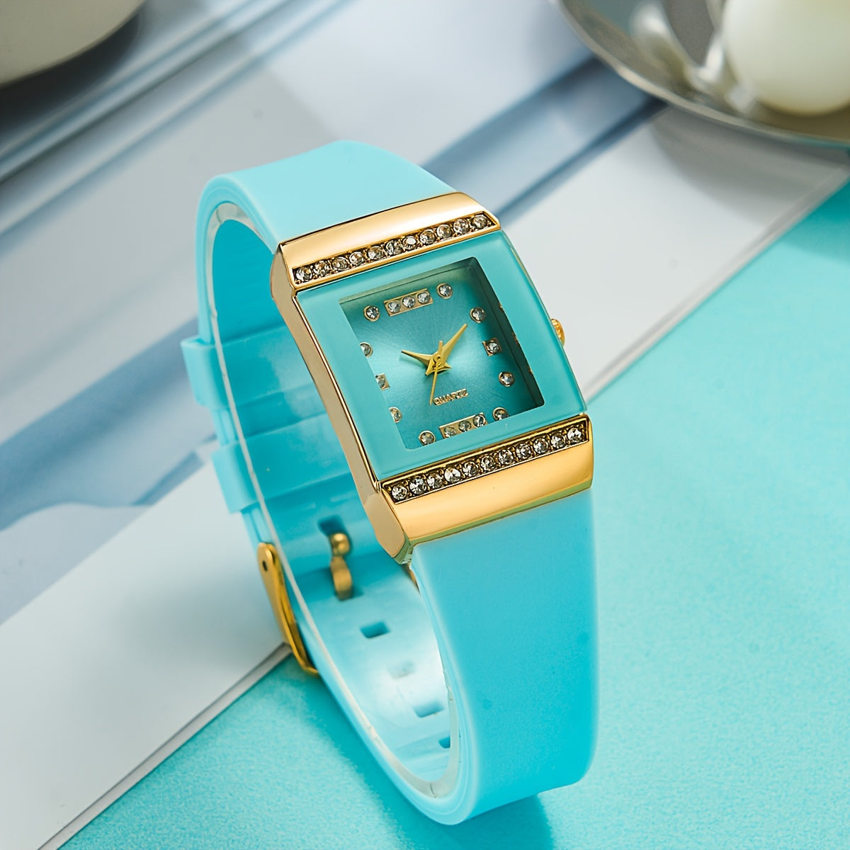 Women's Square Fashion Silicone Watch with Rhinestones and Elegant Design