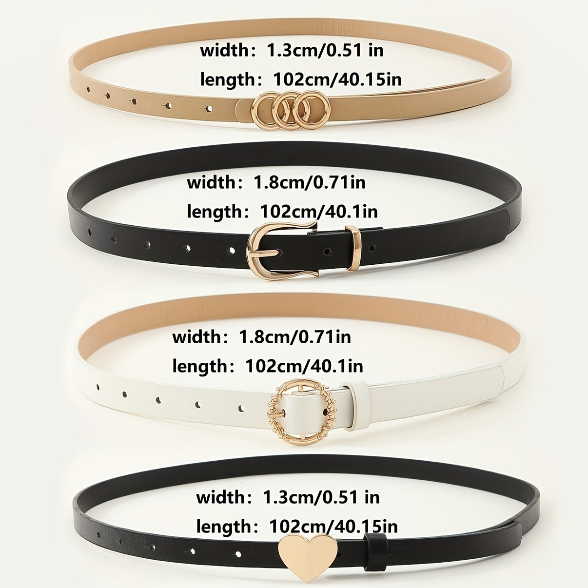 Set of 5 Women's PU Leather Belts with Heart and Circle Buckles Slim Waistbands for Dresses and Suits