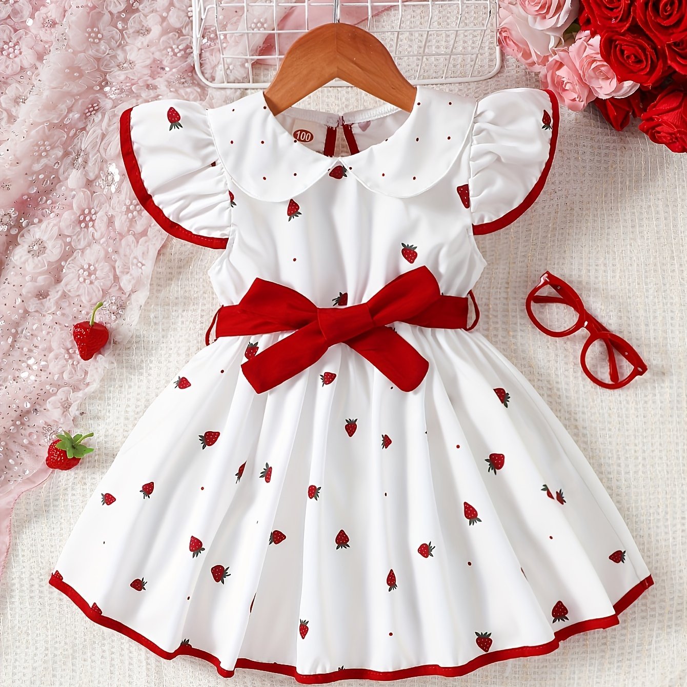 Girls' Woven Polyester Summer Sleeveless Dress with Doll Collar Ruffled Hem and Strawberry Pattern