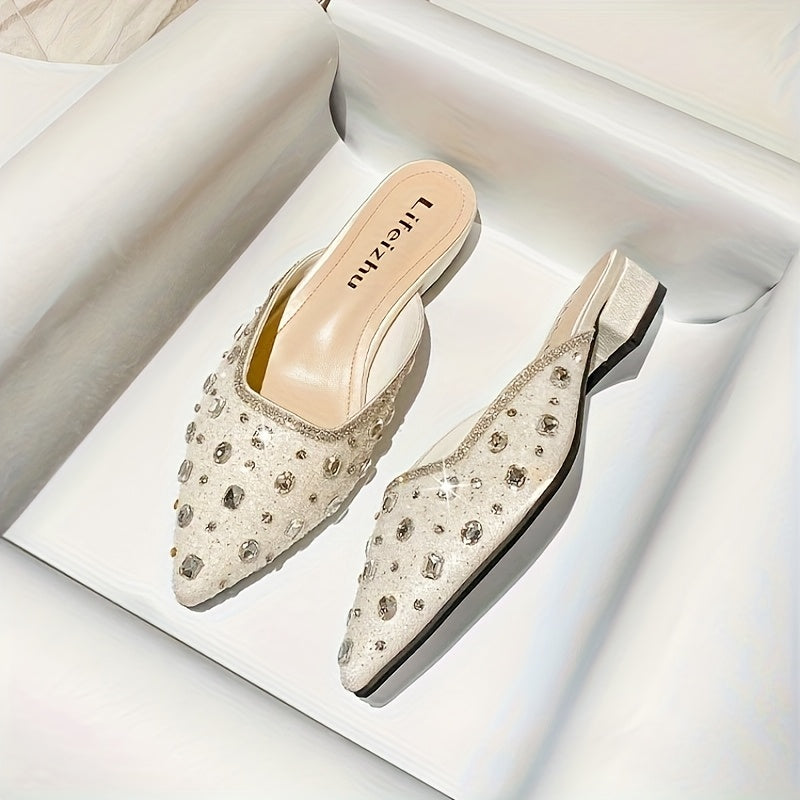 Women Rhinestone Embellished Pointed-Toe Mules with Chunky Heel Summer Shoes