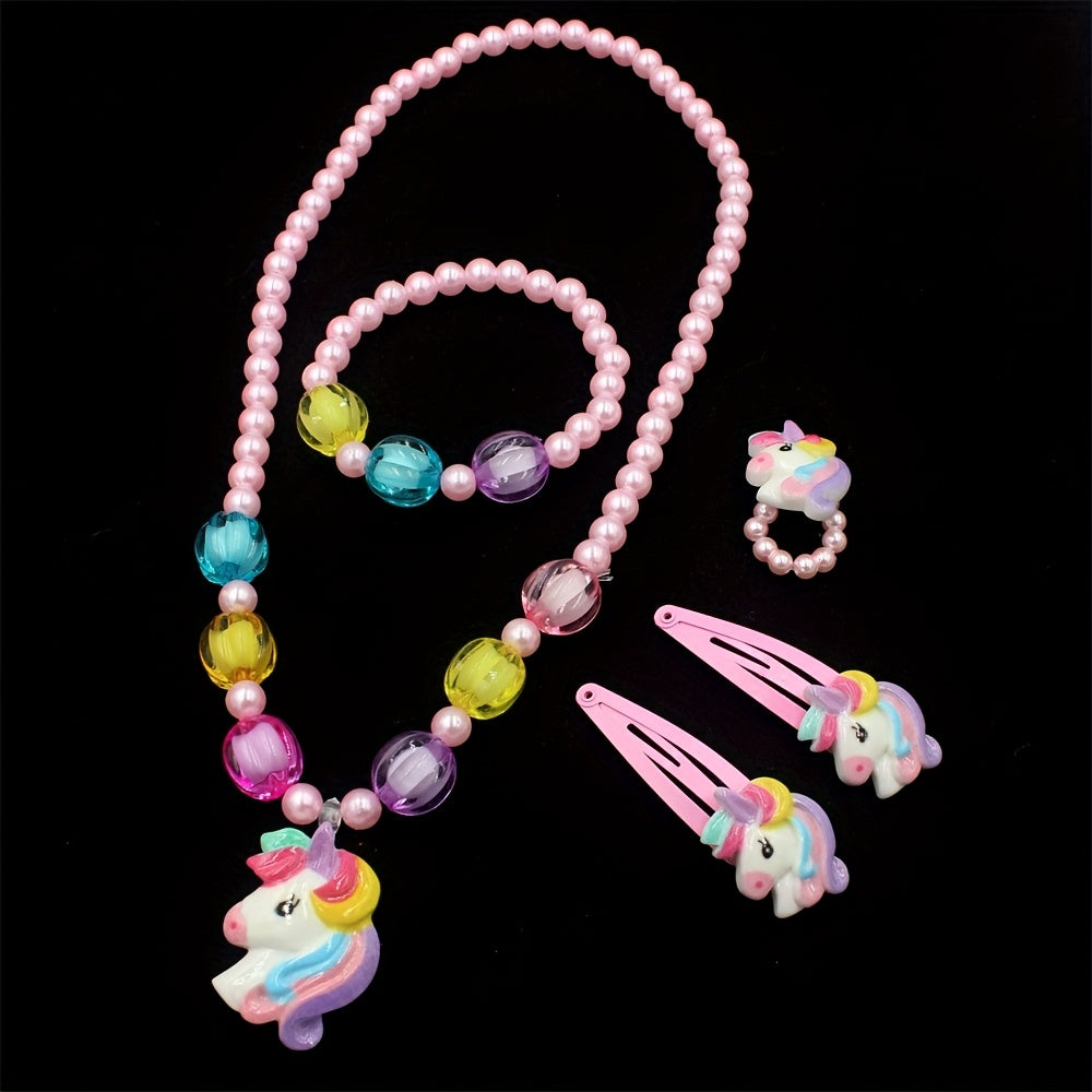 Unicorn Beaded Jewelry Kit for Kids Animal-Themed Necklace Bracelet Ring Hair Clips
