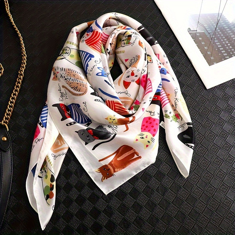 Women’s Polyester Square Scarf with Cartoon Cat Pattern Breathable Windproof Decorative