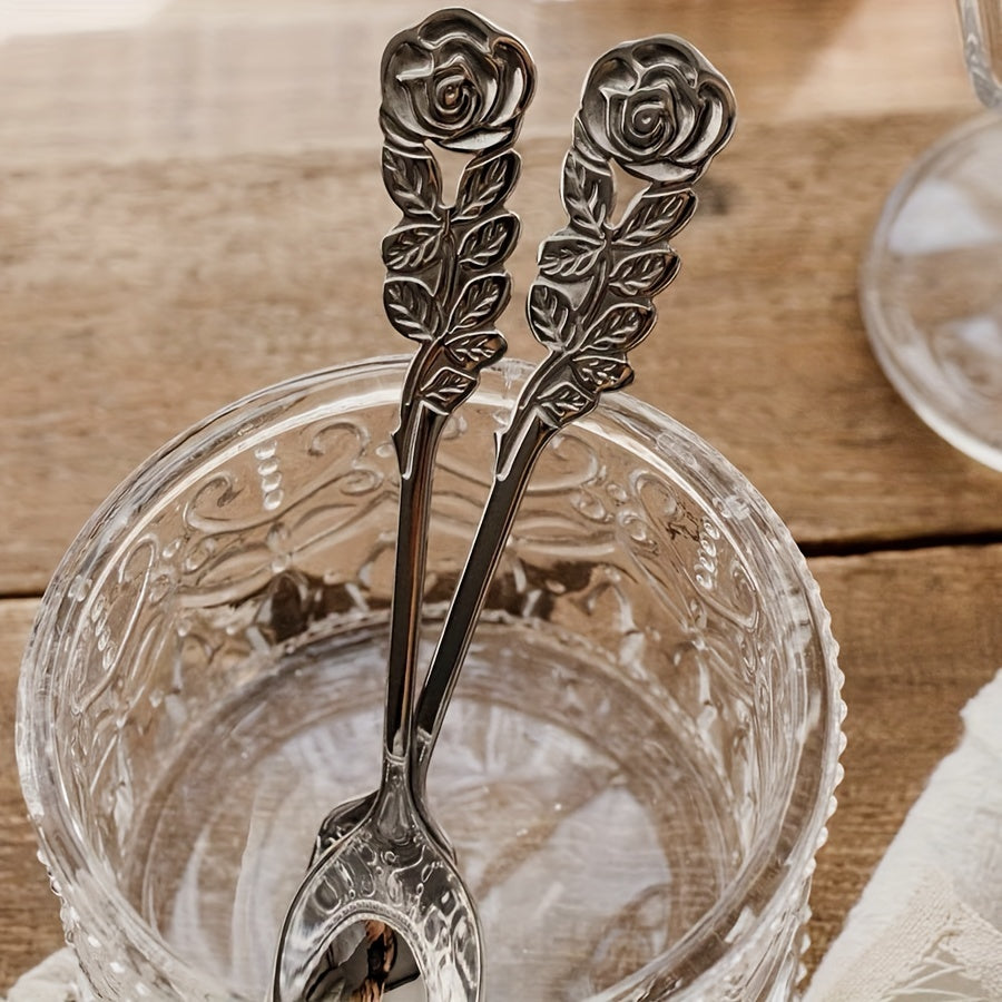 Set of 6 Rose-Shaped Stainless Steel Coffee Spoons for Kitchen and Dessert