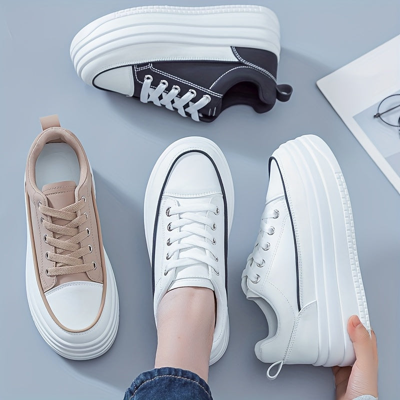 Women's Casual White PU Low-Top Sneakers with Breathable Fabric