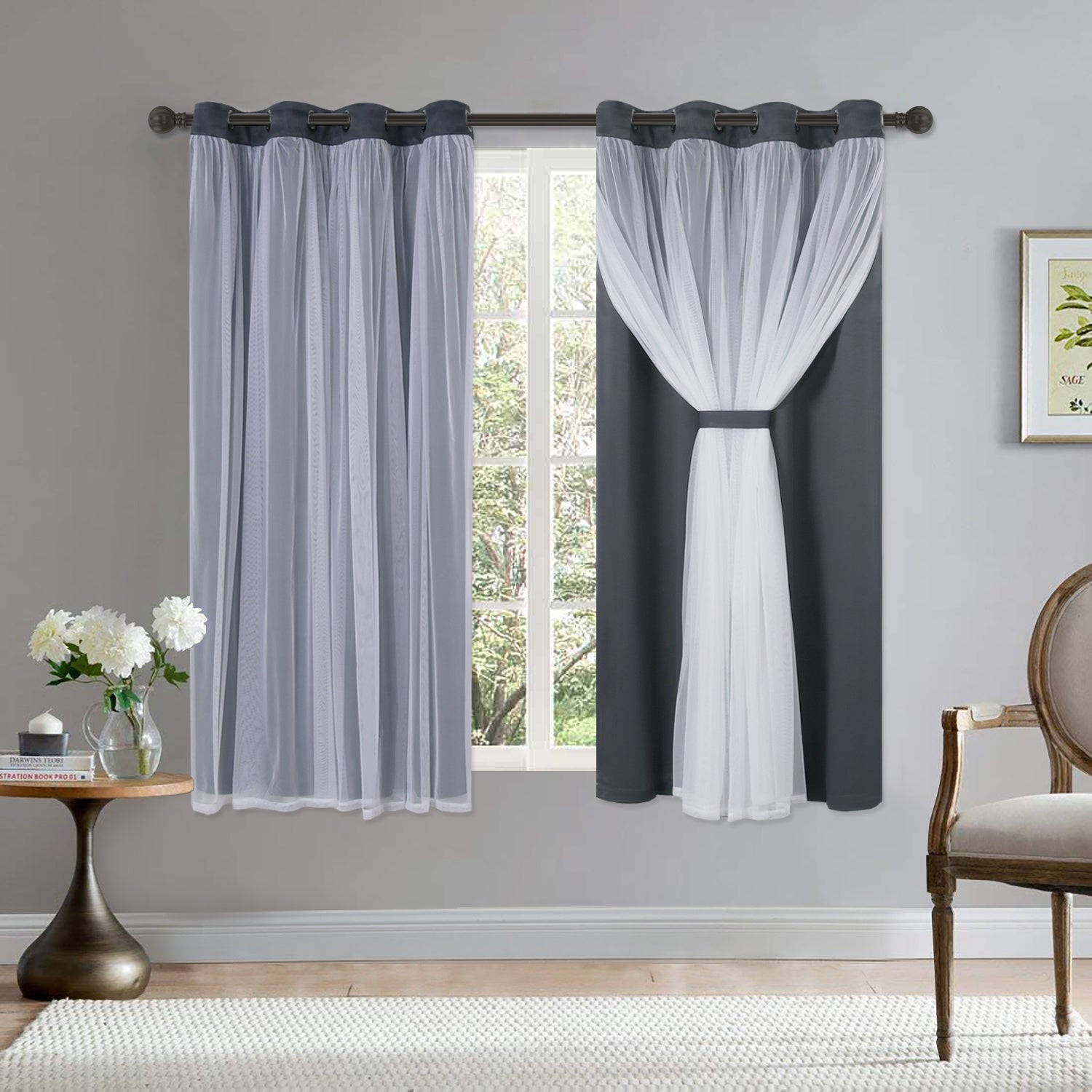 Grey Blackout Curtains with White Sheer Voile Double Layer Grommet Bedroom Window Treatment