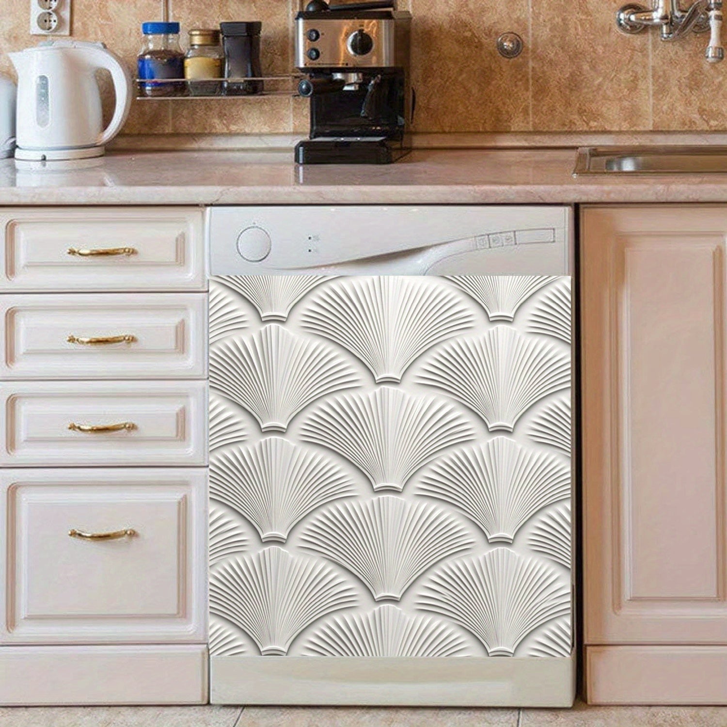 Oq scallop naqshli idish-tovoq magnit qopqog'i, suv o'tkazmaydigan, issiqlikka chidamli PVC 58.5x65 sm