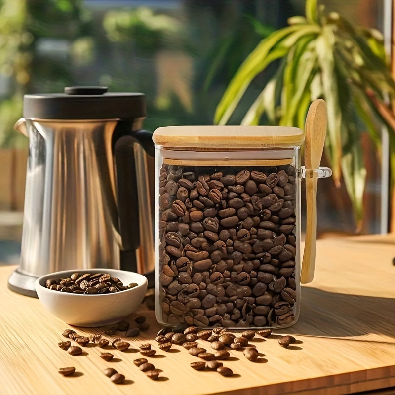 Tarro de almacenamiento de vidrio hermético con tapa de bambú y cuchara para especias de cocina, arroz, café, caramelos